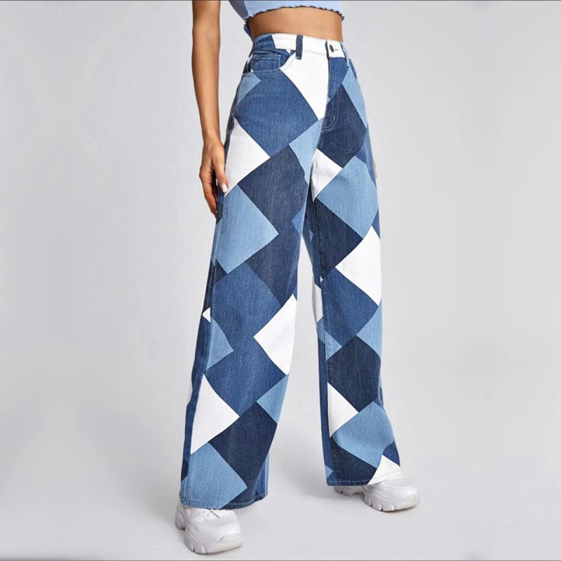 Ravenna High-Waisted Flared Denim Jeans with Bold Checkered Print