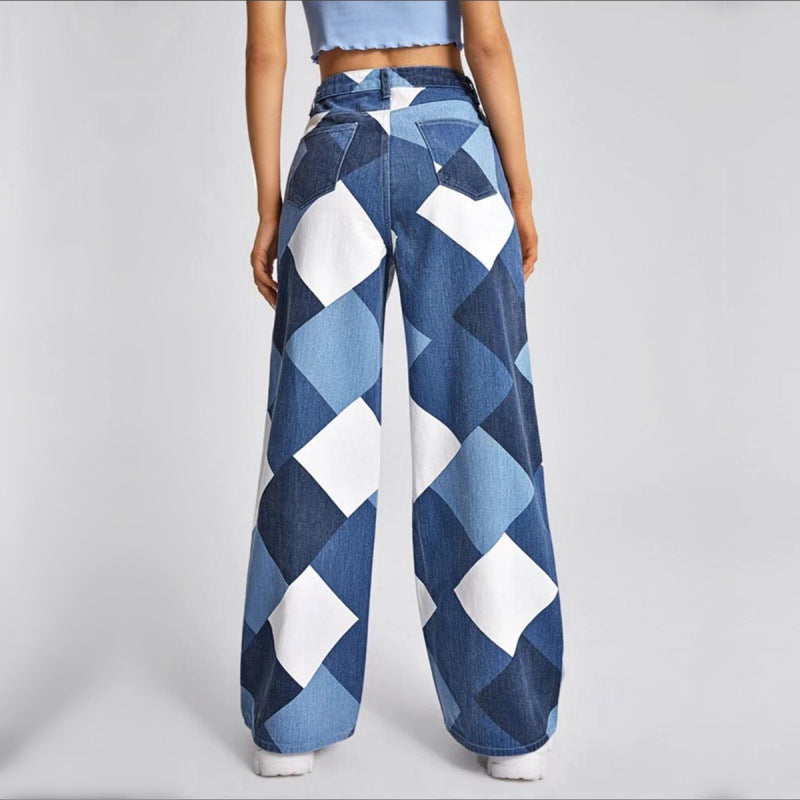 Ravenna High-Waisted Flared Denim Jeans with Bold Checkered Print