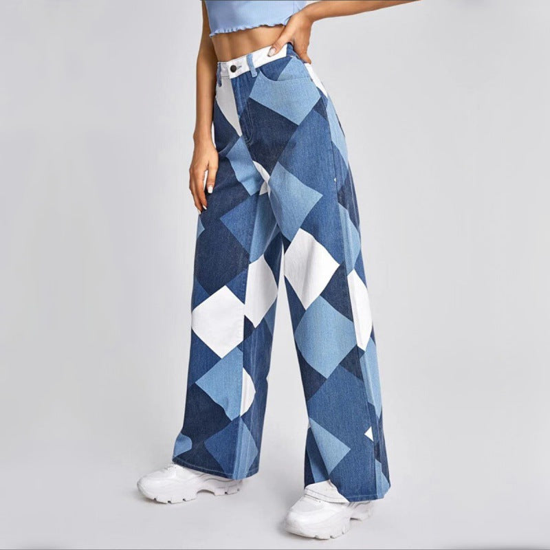 Ravenna High-Waisted Flared Denim Jeans with Bold Checkered Print