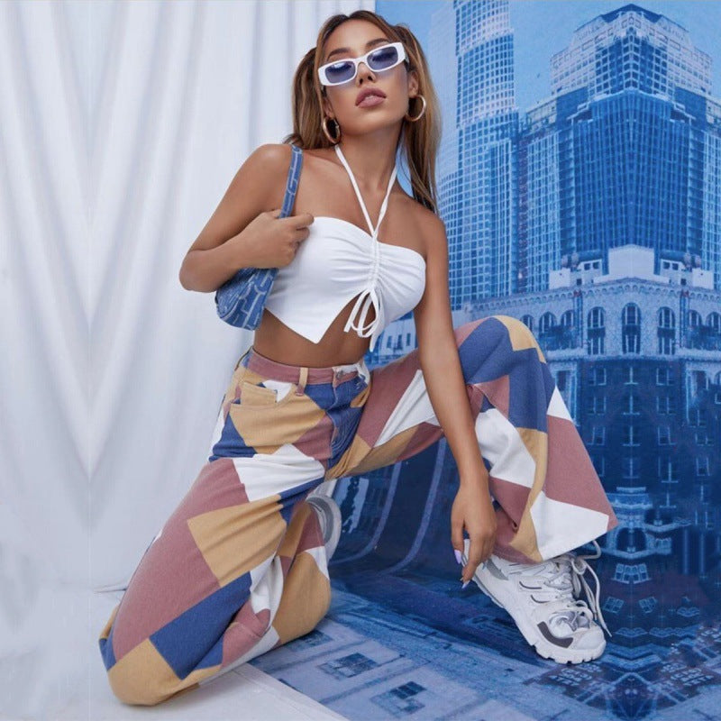 Ravenna High-Waisted Flared Denim Jeans with Bold Checkered Print