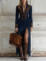 Anna Long-Sleeve Fringe Maxi Dress