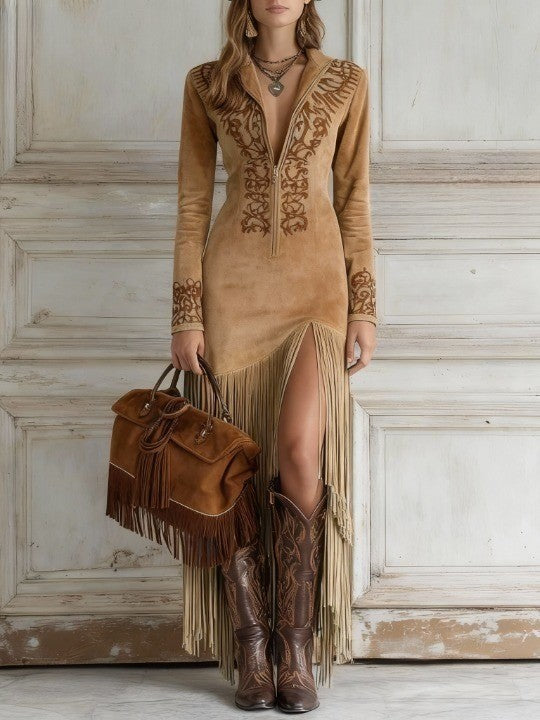 Anna Long-Sleeve Fringe Maxi Dress