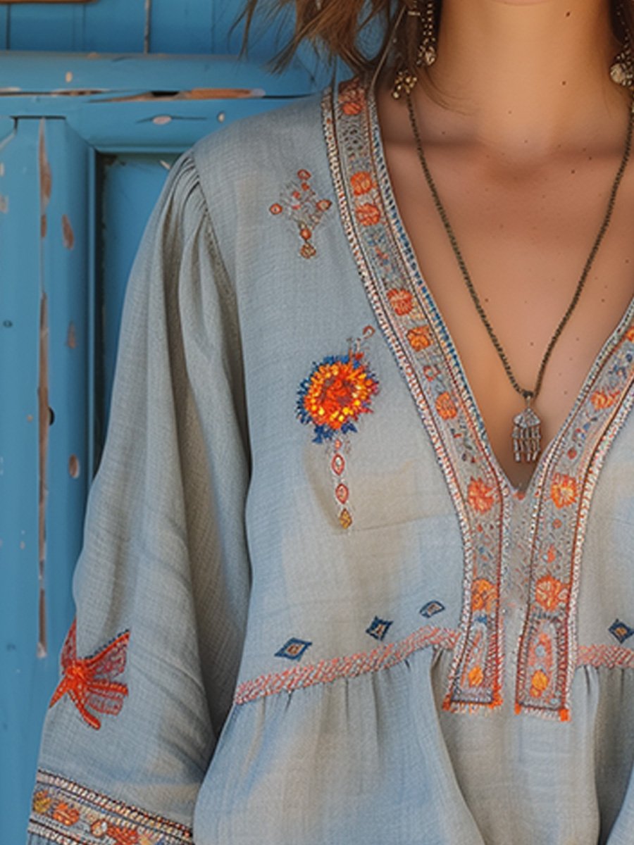 Yvonne Embroidered Boho V-Neck Blouse