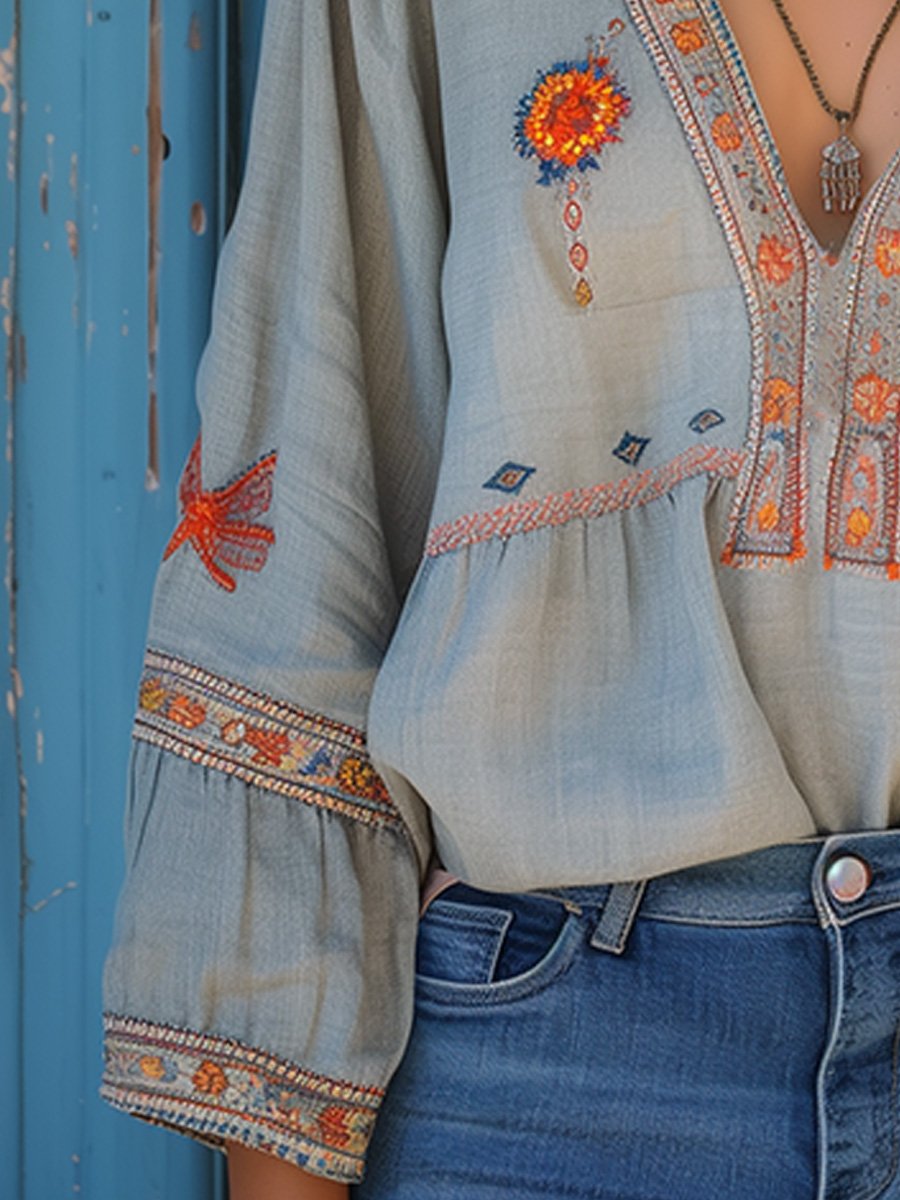 Yvonne Embroidered Boho V-Neck Blouse