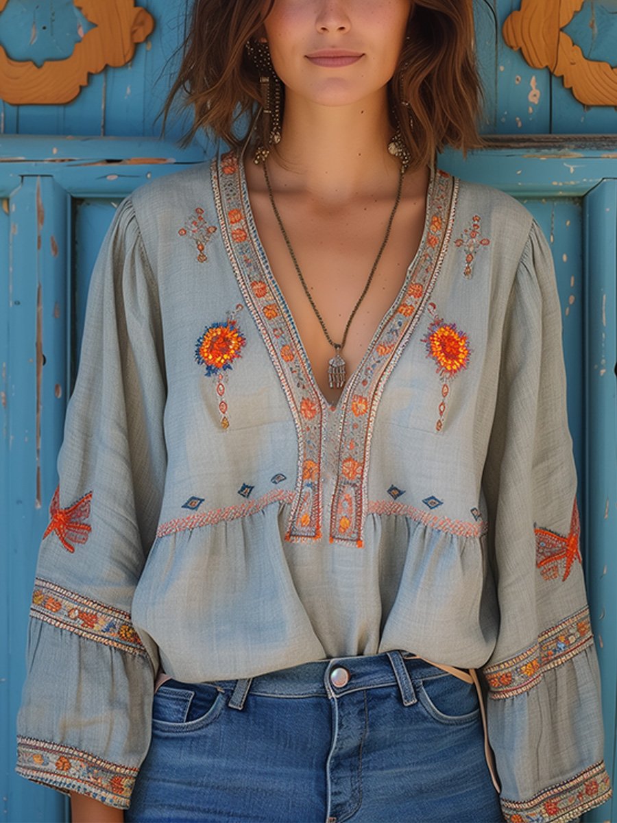 Yvonne Embroidered Boho V-Neck Blouse