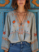 Yvonne Embroidered Boho V-Neck Blouse