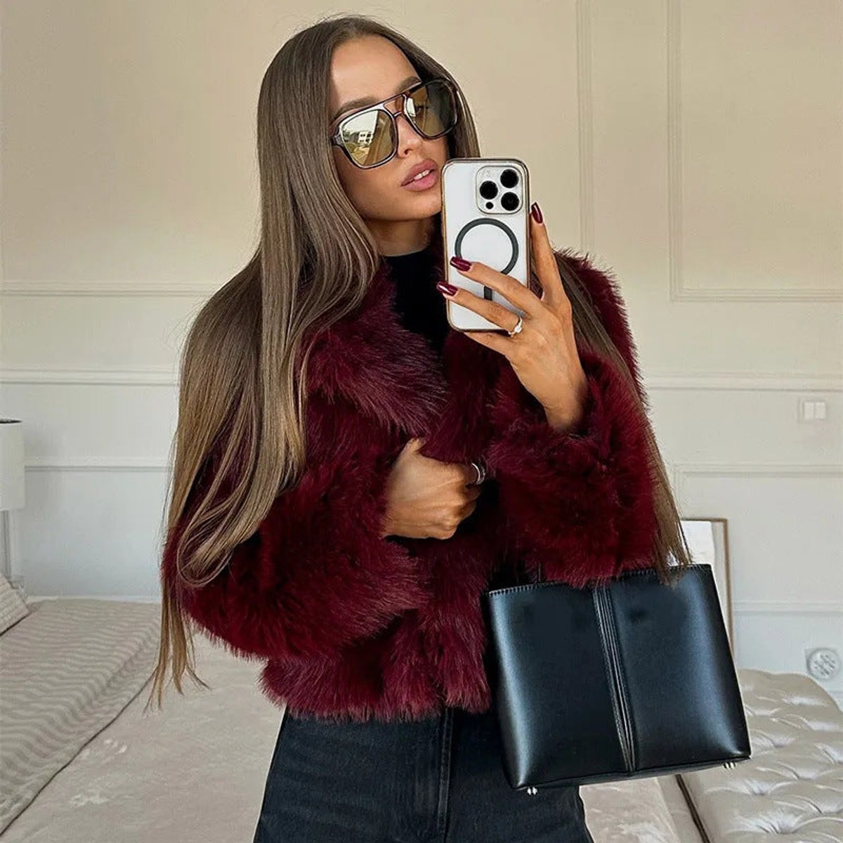Mia Faux Fur V-Neck Cropped Jacket