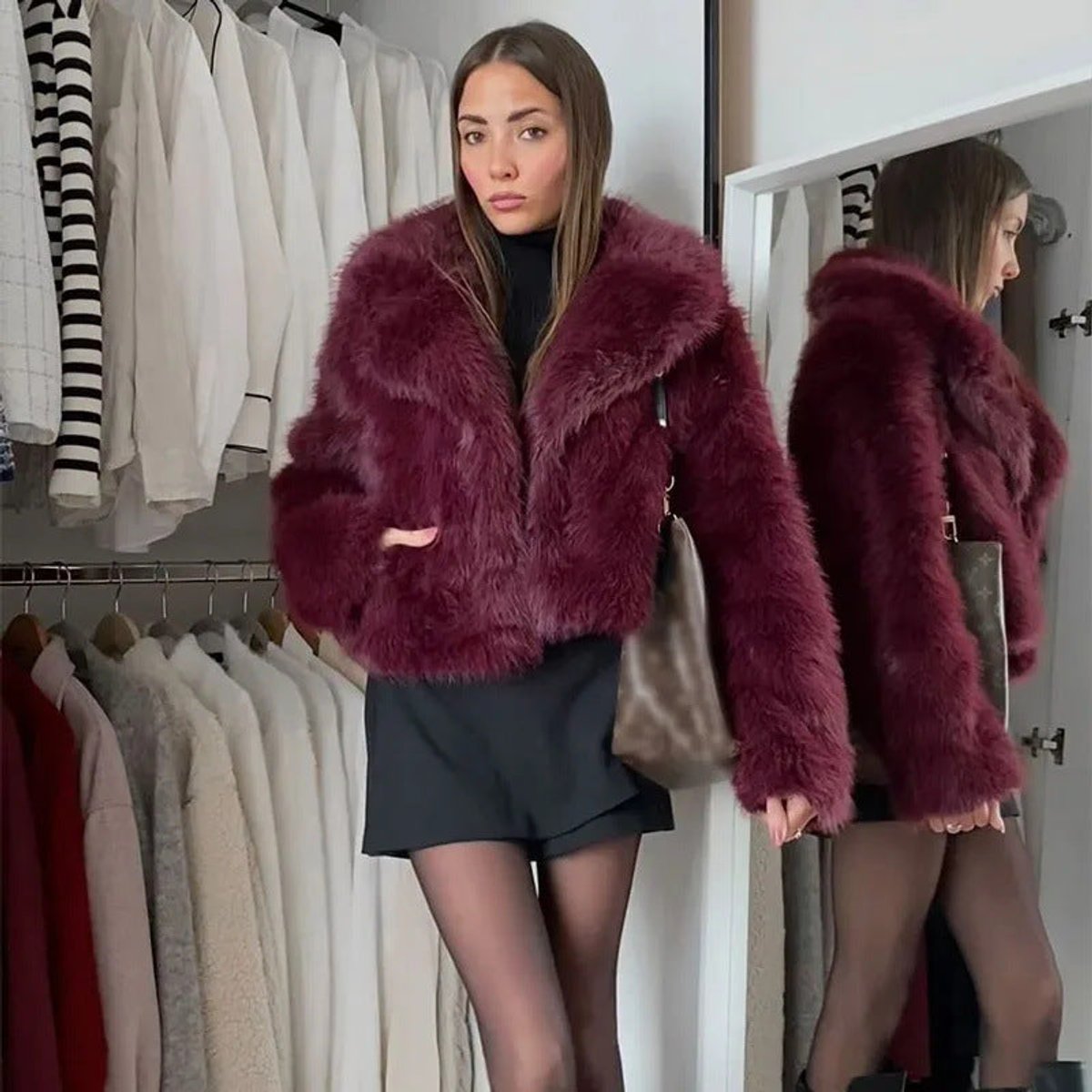 Mia Faux Fur V-Neck Cropped Jacket