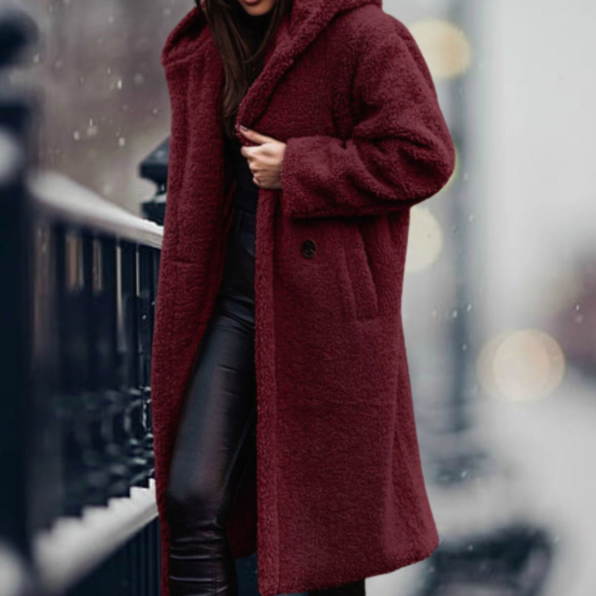 Mia Long Open-Front Teddy Coat