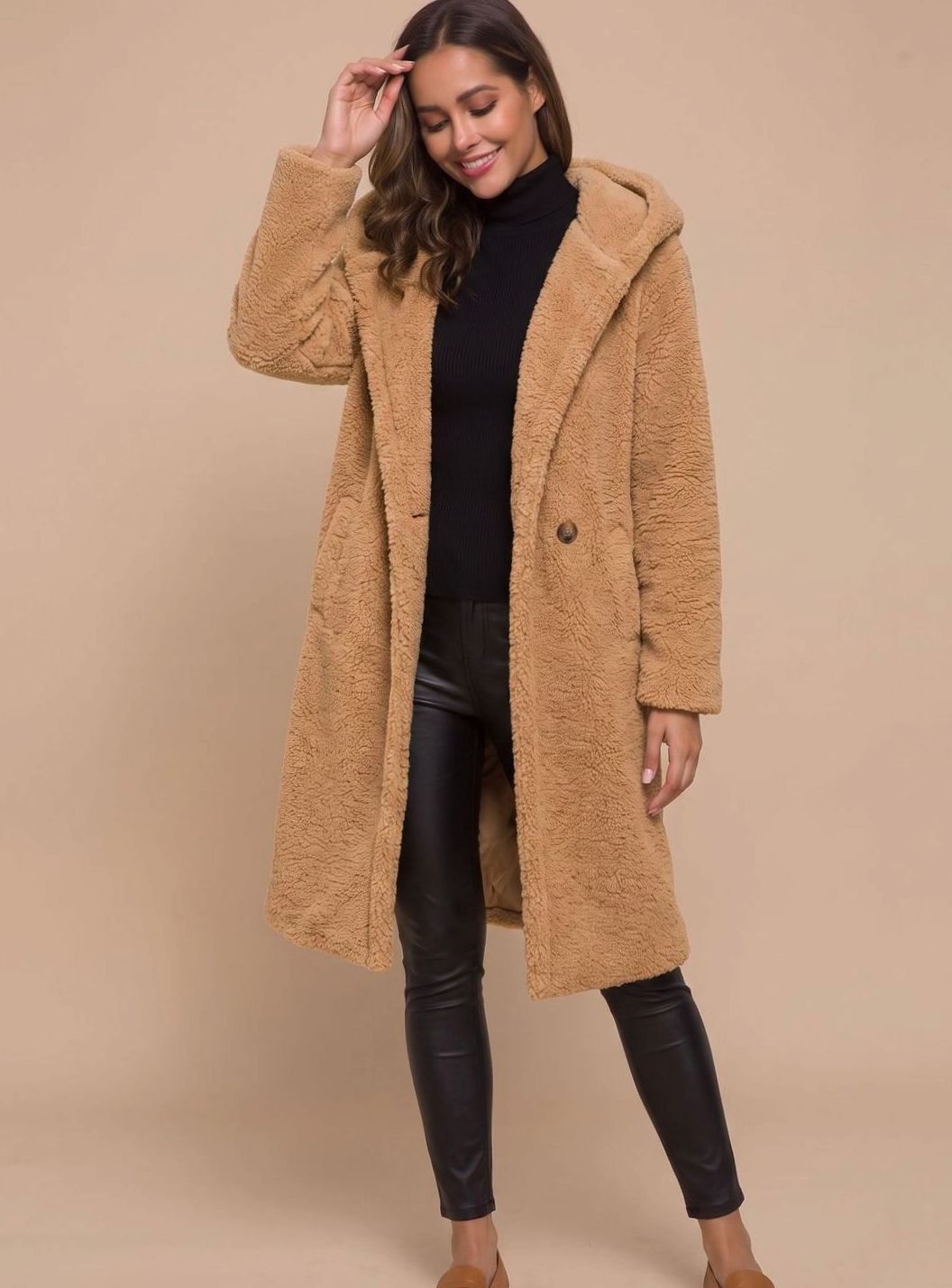 Mia Long Open-Front Teddy Coat