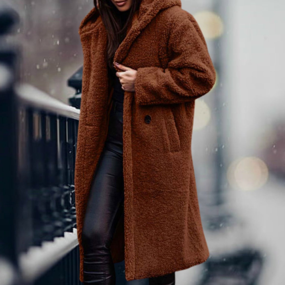 Mia Long Open-Front Teddy Coat
