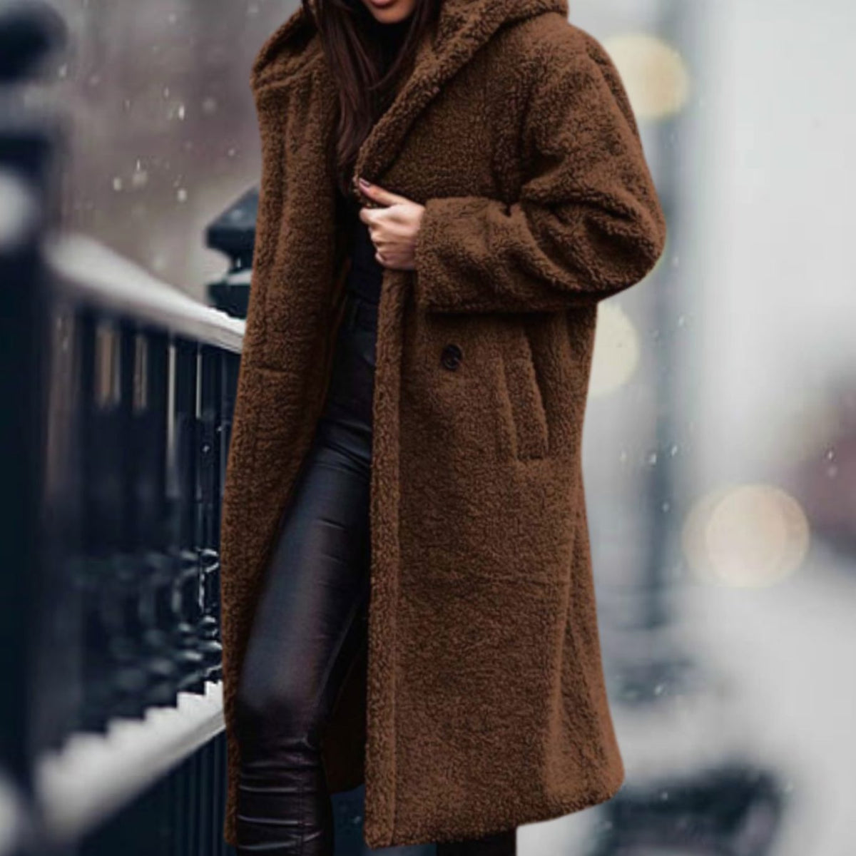 Mia Long Open-Front Teddy Coat