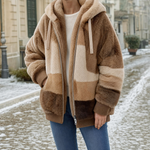 Larkhill Oversized Fleece Jacket in caramel worn with jeans, front view