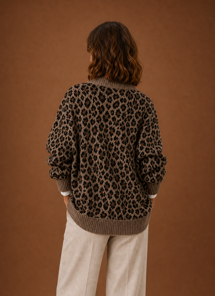 Women's Knit Cardigan - Leopard Long-Sleeve Sweater | Areleon