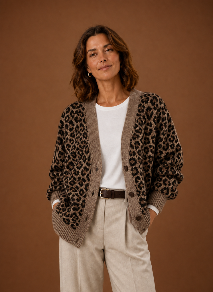 Women's Knit Cardigan - Leopard Long-Sleeve Sweater | Areleon