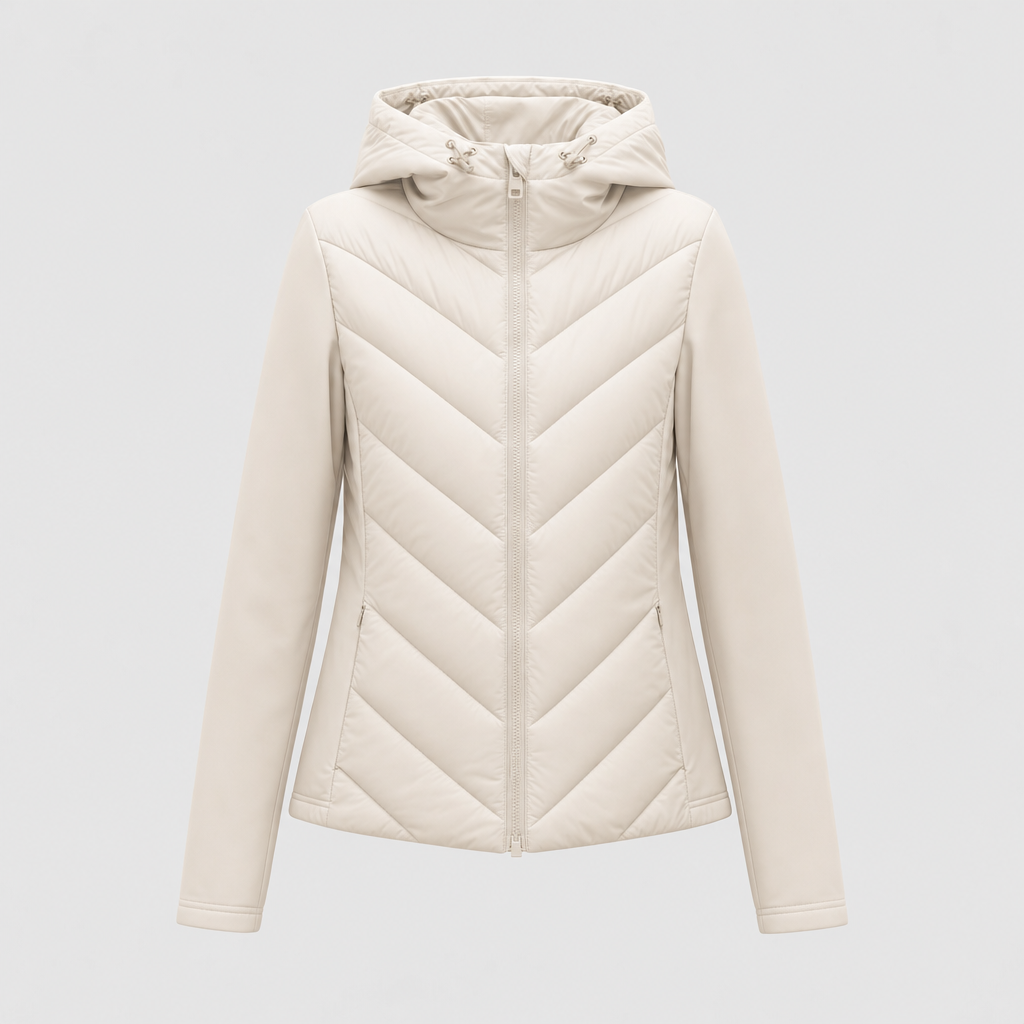Marchmont Hooded Quilted Jacket in beige, product shot