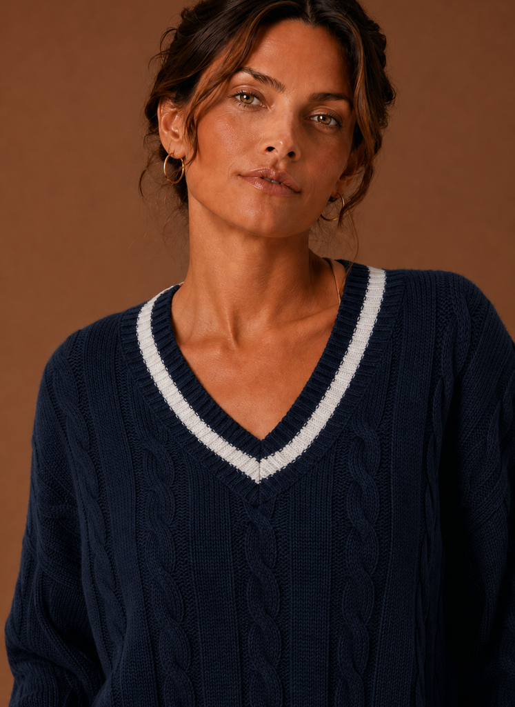 Women's Cable Knit Sweater - V-Neck Long Sleeve Pullover | Areleon