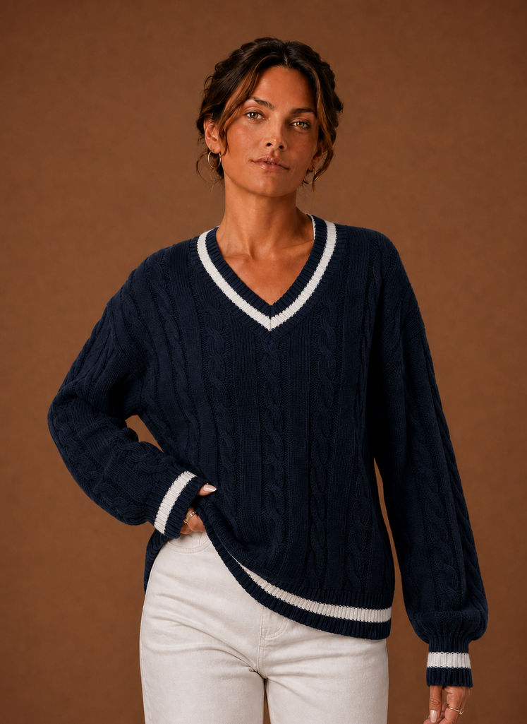 Women's Cable Knit Sweater - V-Neck Long Sleeve Pullover | Areleon