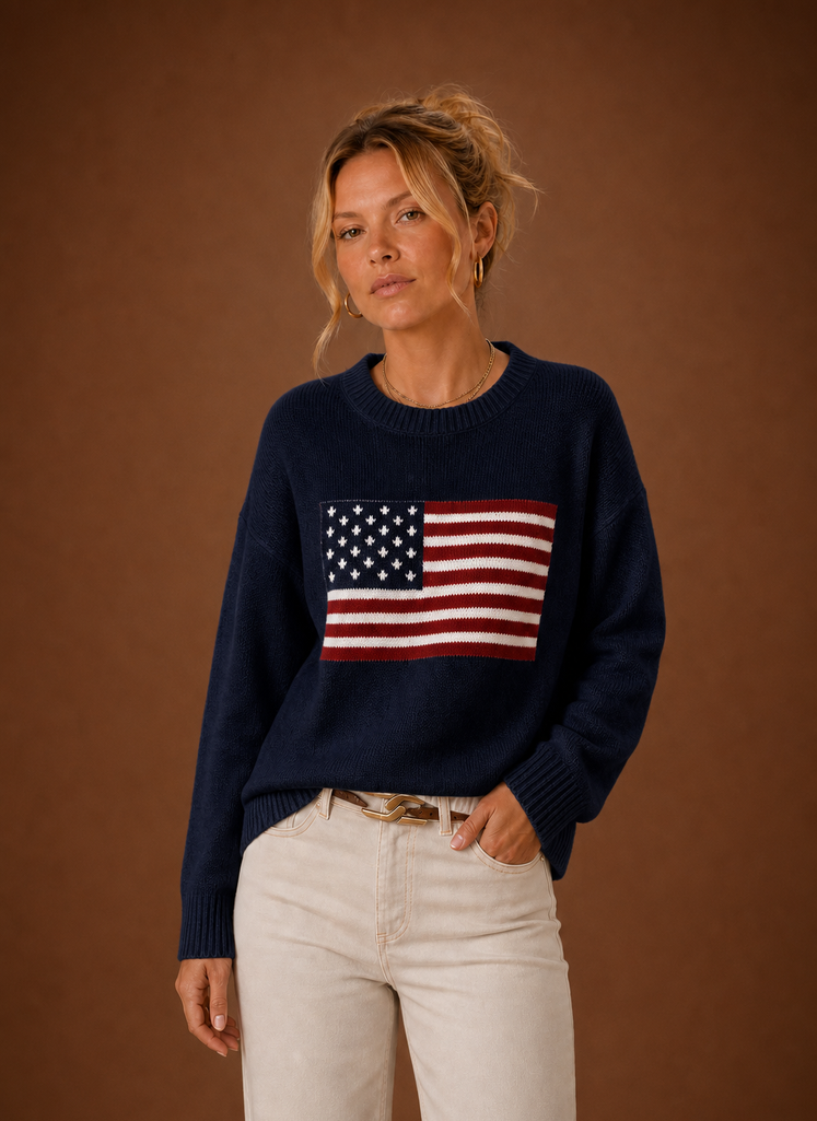 Women's Crew Neck Pullover - American Flag Knit Sweater| Areleon