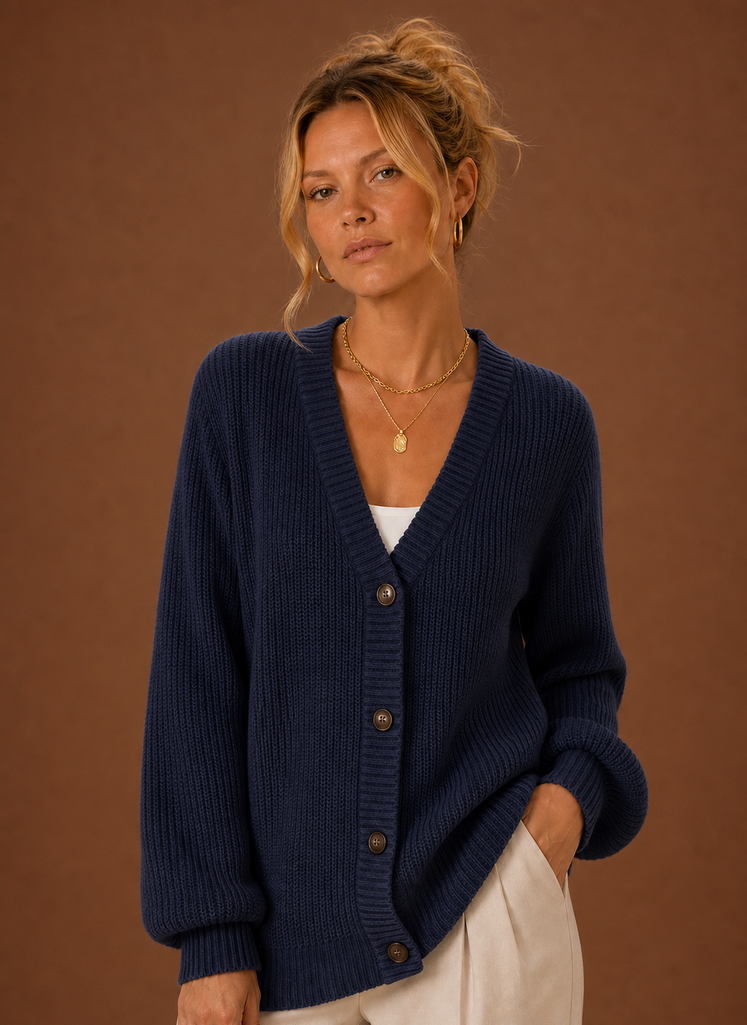 Women's V-Neck Knit Cardigan - Button Front Long Sleeve Sweater | Areleon