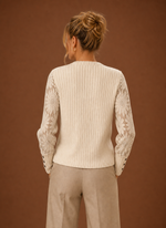 Women's Ribbed Knit Lace Sleeve Pullover Sweater | Areleon
