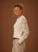 Women's Ribbed Knit Lace Sleeve Pullover Sweater | Areleon