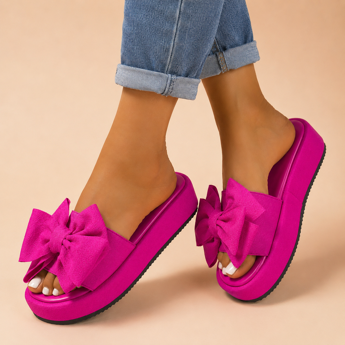 Rosali Platform Bow Slide Sandals - Stylish Bow-Detail Platform Footwear
