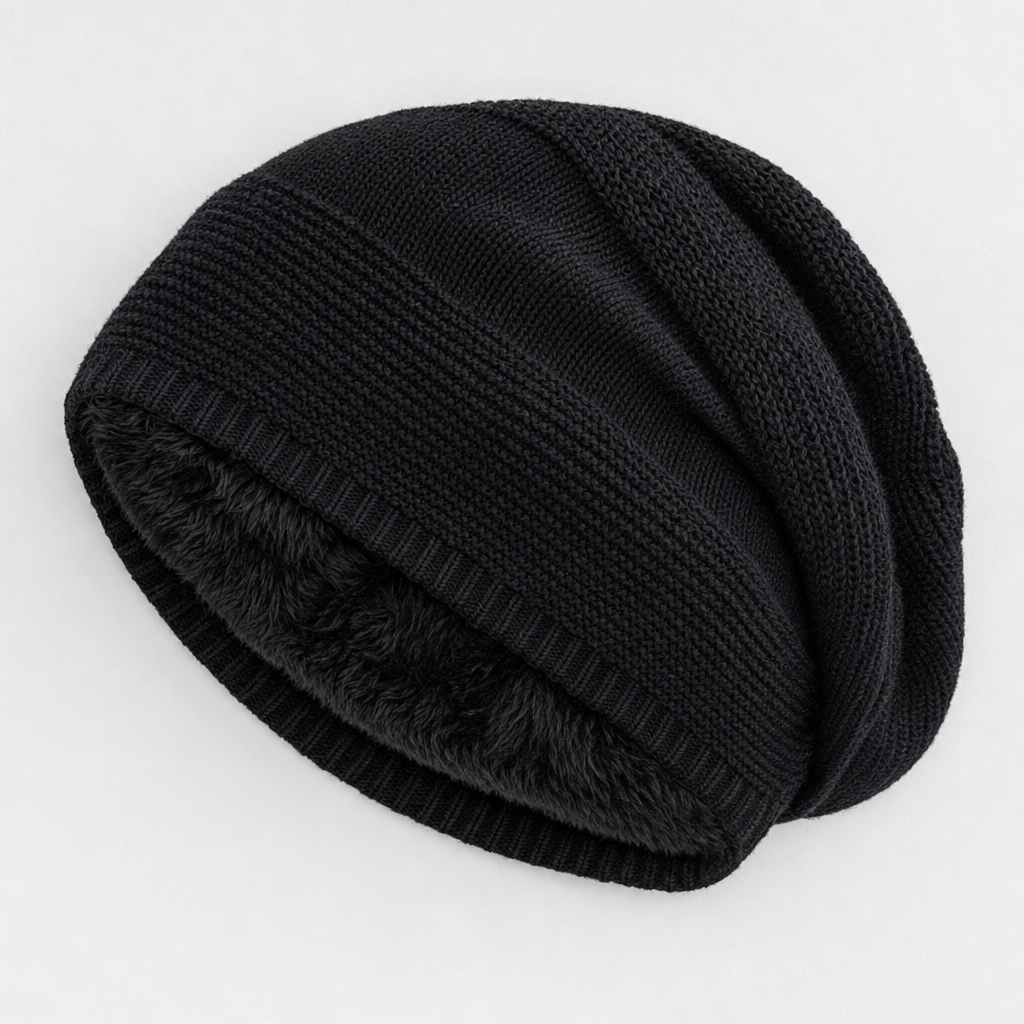 Ravensworth Lined Slouch Beanie in black, product shot