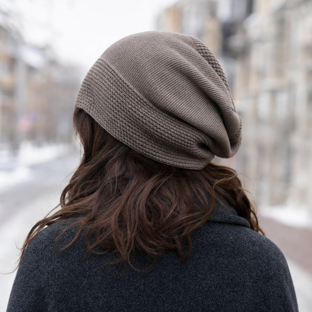 Ravensworth Lined Slouch Beanie in taupe worn, back view