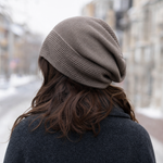 Ravensworth Lined Slouch Beanie in taupe worn, back view