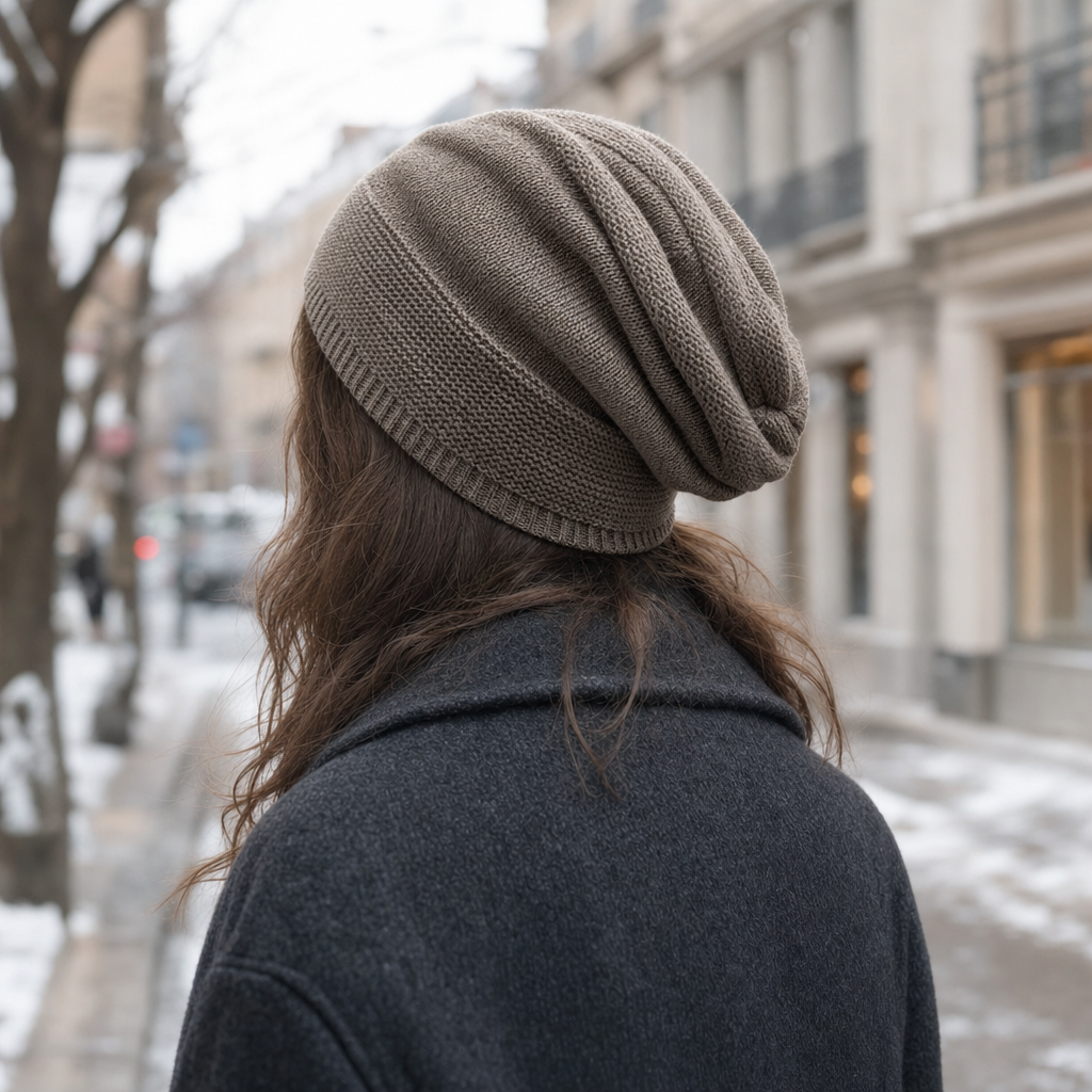 Ravensworth Lined Slouch Beanie in taupe worn, three-quarter view