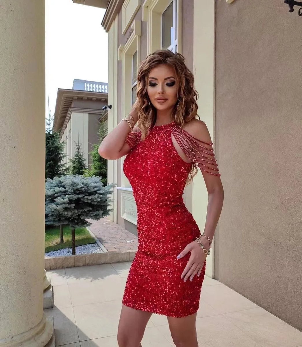 Hannah Sequin Shoulder Chain Mini Dress