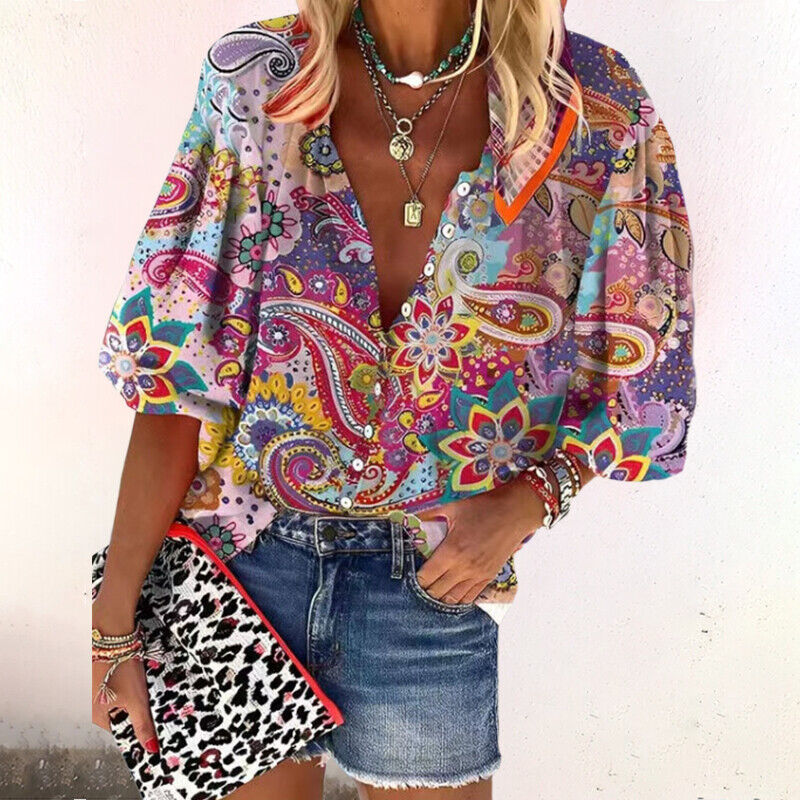 Isla | Boho Print Bell Sleeve V-Neck Blouse, women's blouse – view 2