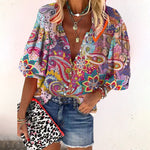 Isla | Boho Print Bell Sleeve V-Neck Blouse, women's blouse – view 2