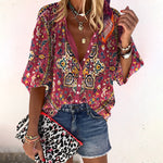 Isla | Boho Print Bell Sleeve V-Neck Blouse, women's blouse – view 3