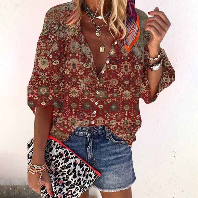 Isla | Boho Print Bell Sleeve V-Neck Blouse, women's blouse – view 4