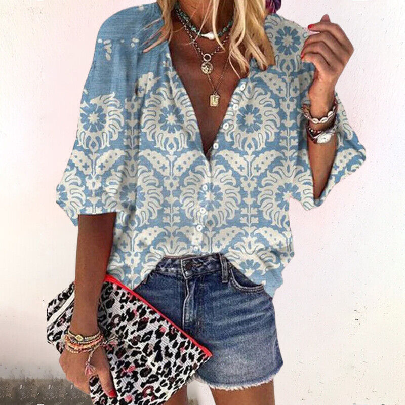 Isla | Boho Print Bell Sleeve V-Neck Blouse, women's blouse – view 5