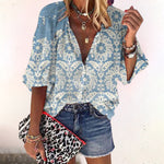 Isla | Boho Print Bell Sleeve V-Neck Blouse, women's blouse – view 5