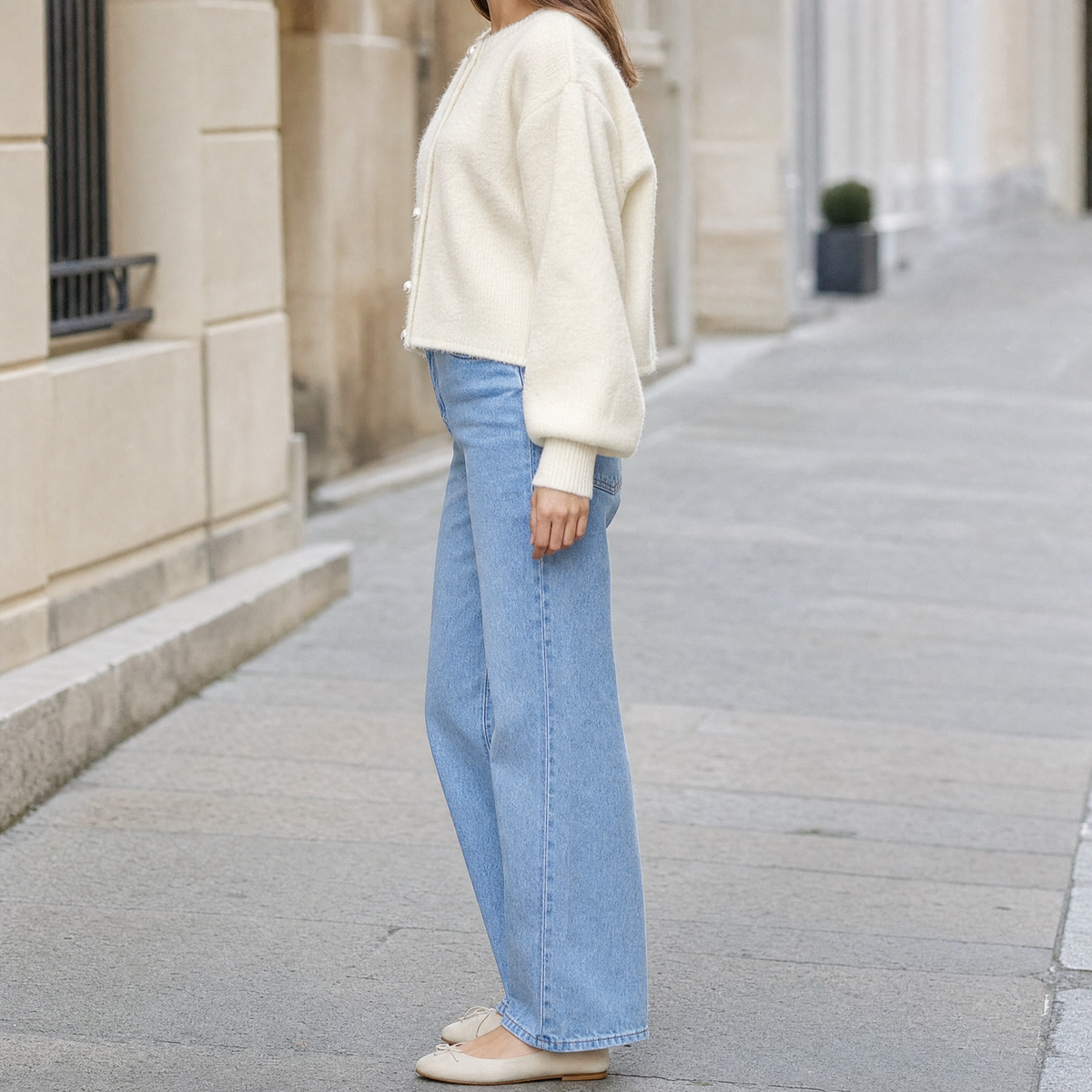 Sable puff sleeve cardigan, side profile view