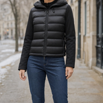 Sedgley Hooded Down Puffer in black worn with jeans, front view