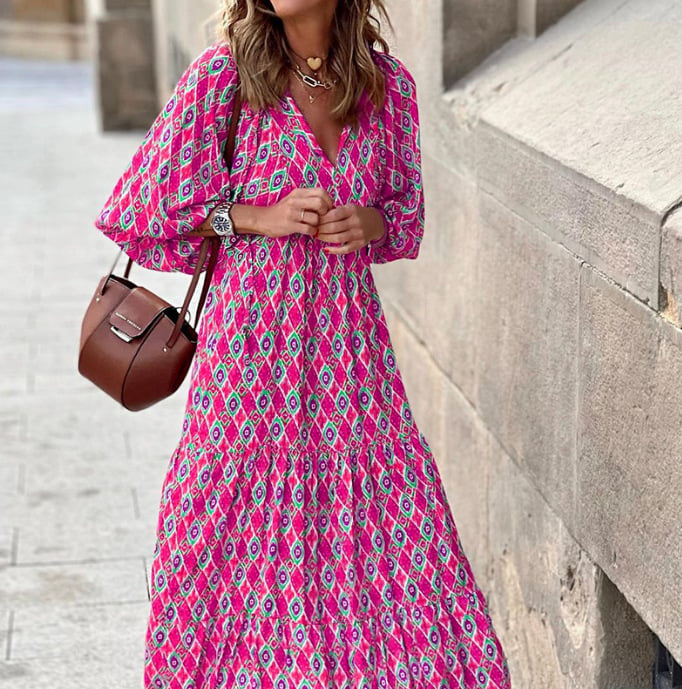 Flora | Puff Sleeve Boho Printed V-Neck Maxi Dress