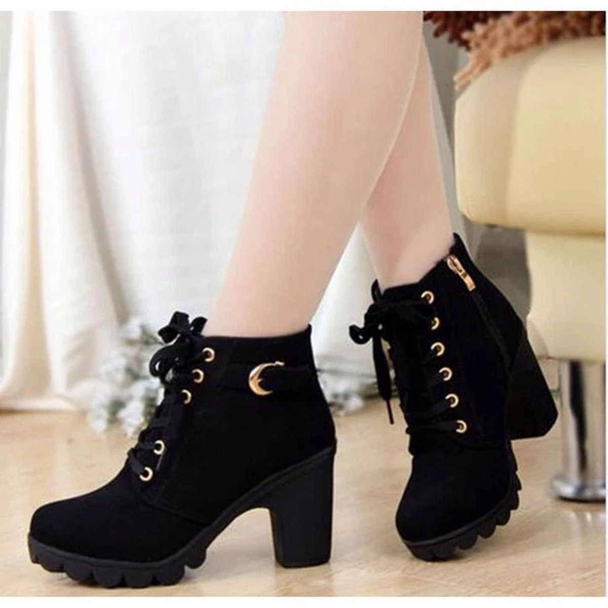 Nora Lace-Up Block Heel Suede-Look Boots
