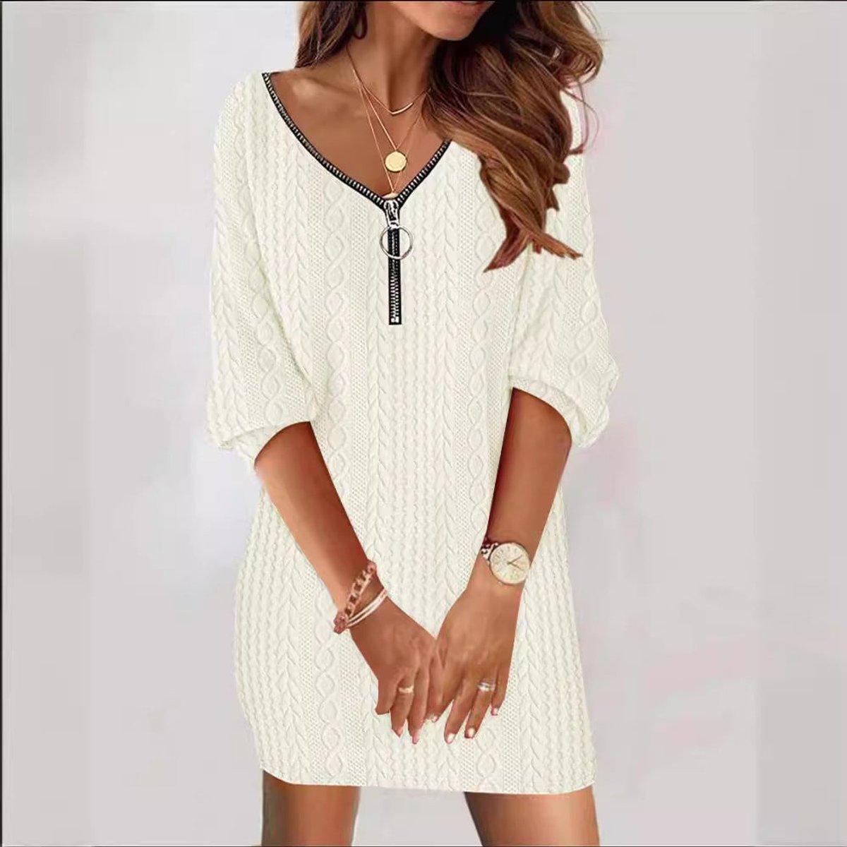 Annika Cable Knit V-Neck Zip Mini Dress
