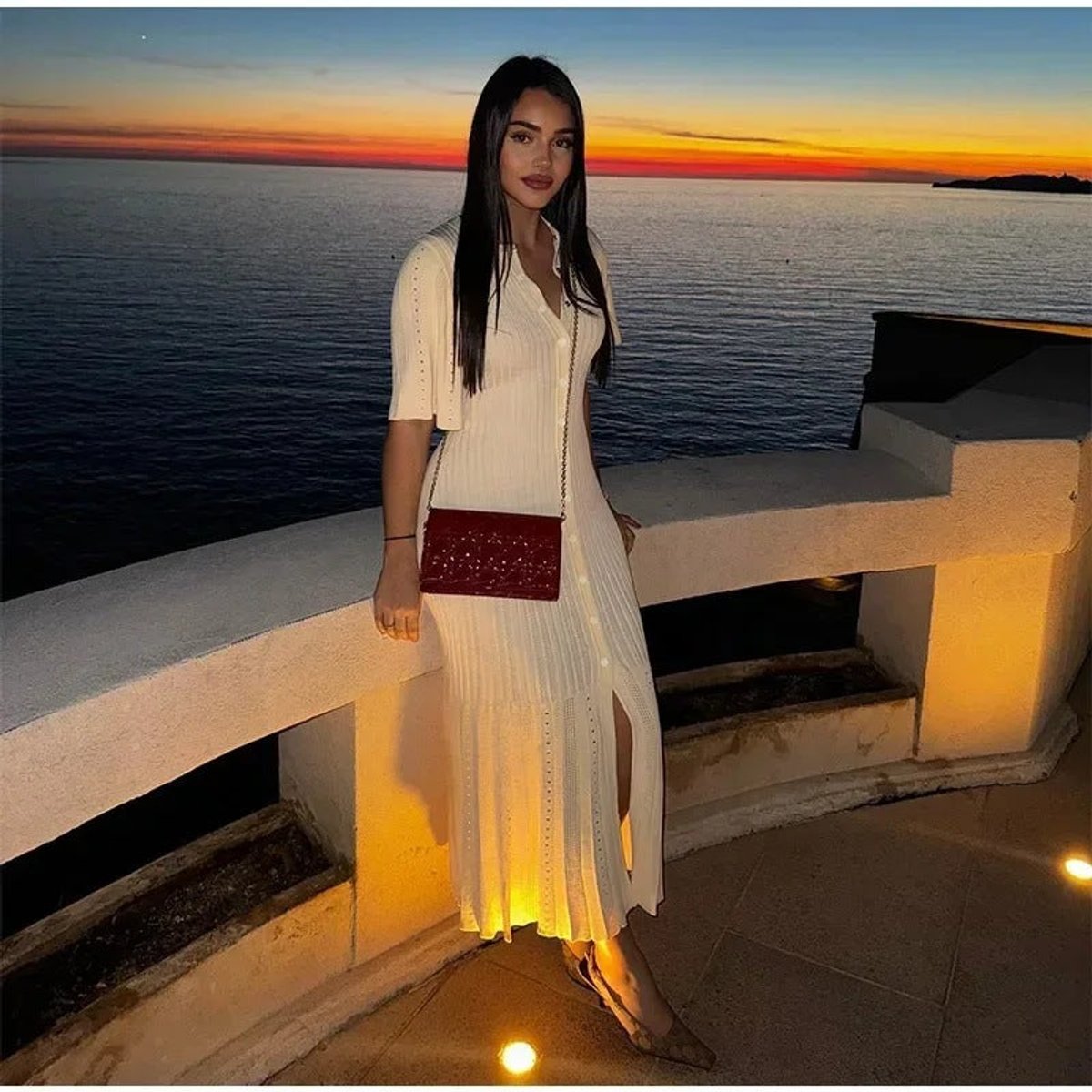 Leonie Ribbed Knit Long Sleeve V-Neck Maxi Dress