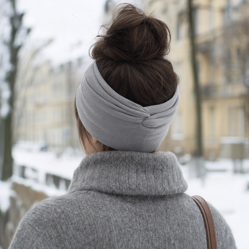 Weatherly Knit Headband in cream worn, three-quarter view