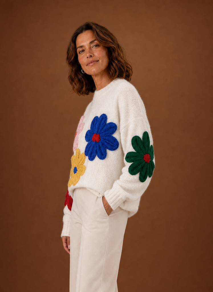 Women's Oversized Knit Sweater - Floral Pullover | Areleon