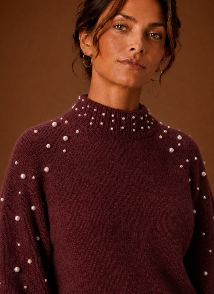 Women's Knit Pullover - Pearl Embellished Sweater | Areleon