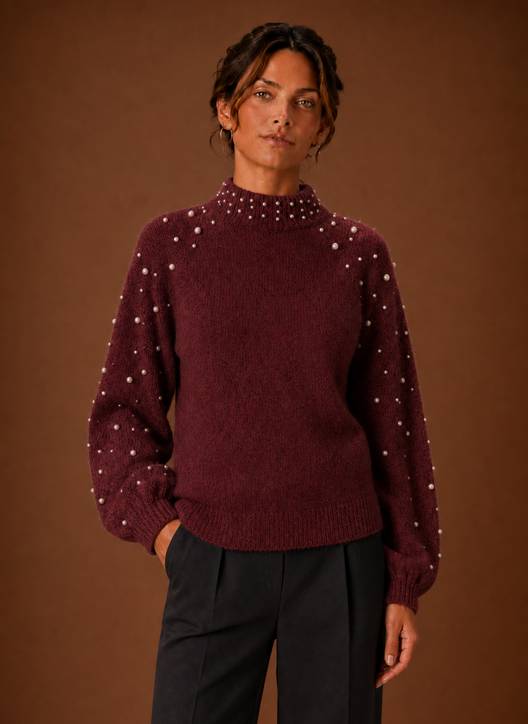Women's Knit Pullover - Pearl Embellished Sweater | Areleon