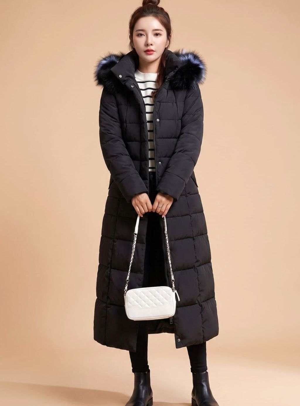 Emilia Long Quilted Coat with Fur-Trim Hood