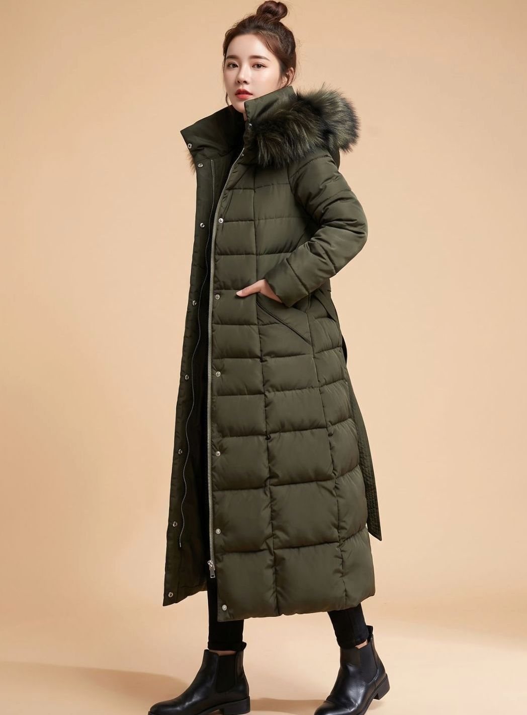 Emilia Long Quilted Coat with Fur-Trim Hood